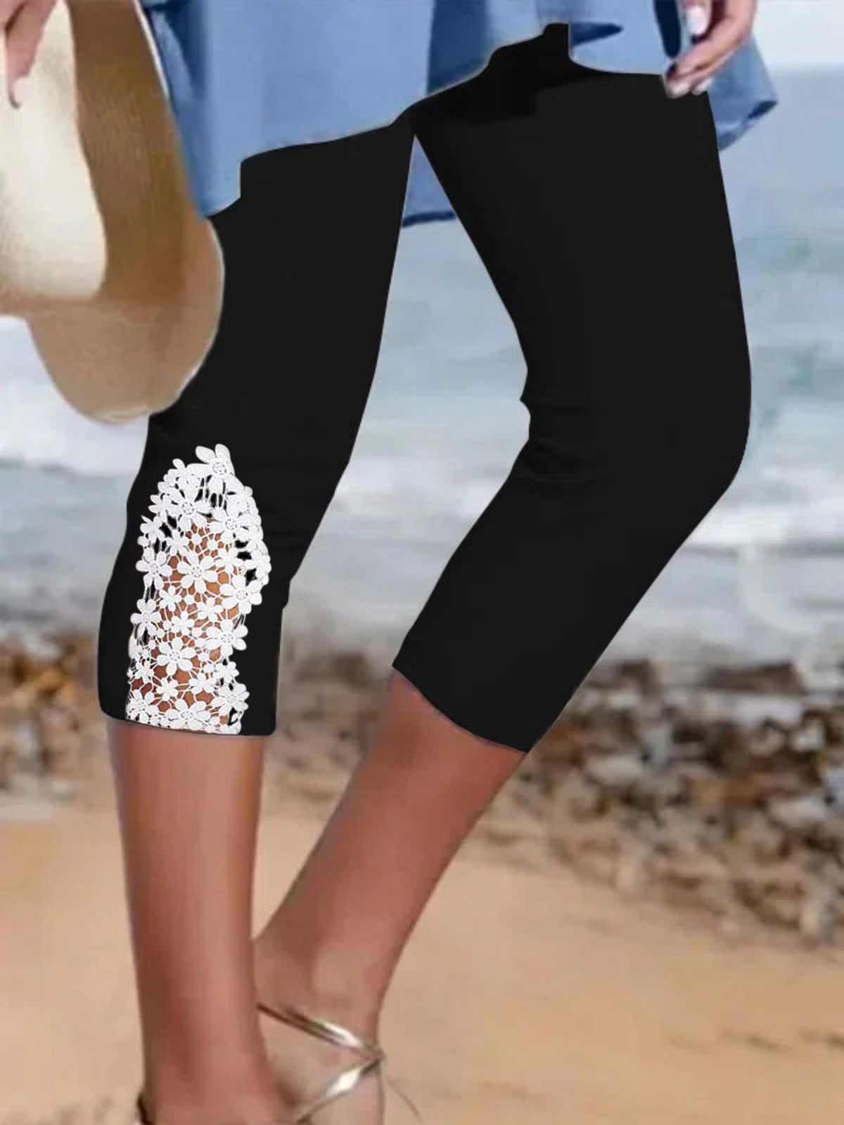Women Casual Summer Workout Lace Mesh Side Capri Leggings