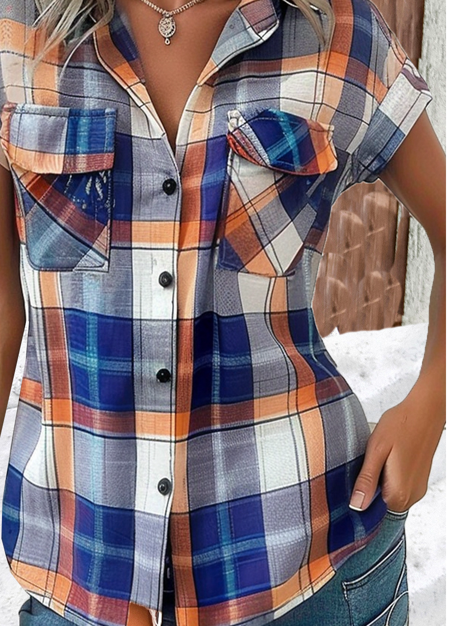 Shirt Collar Short Sleeve Plain Regular Micro-Elasticity Loose Blouse For Women