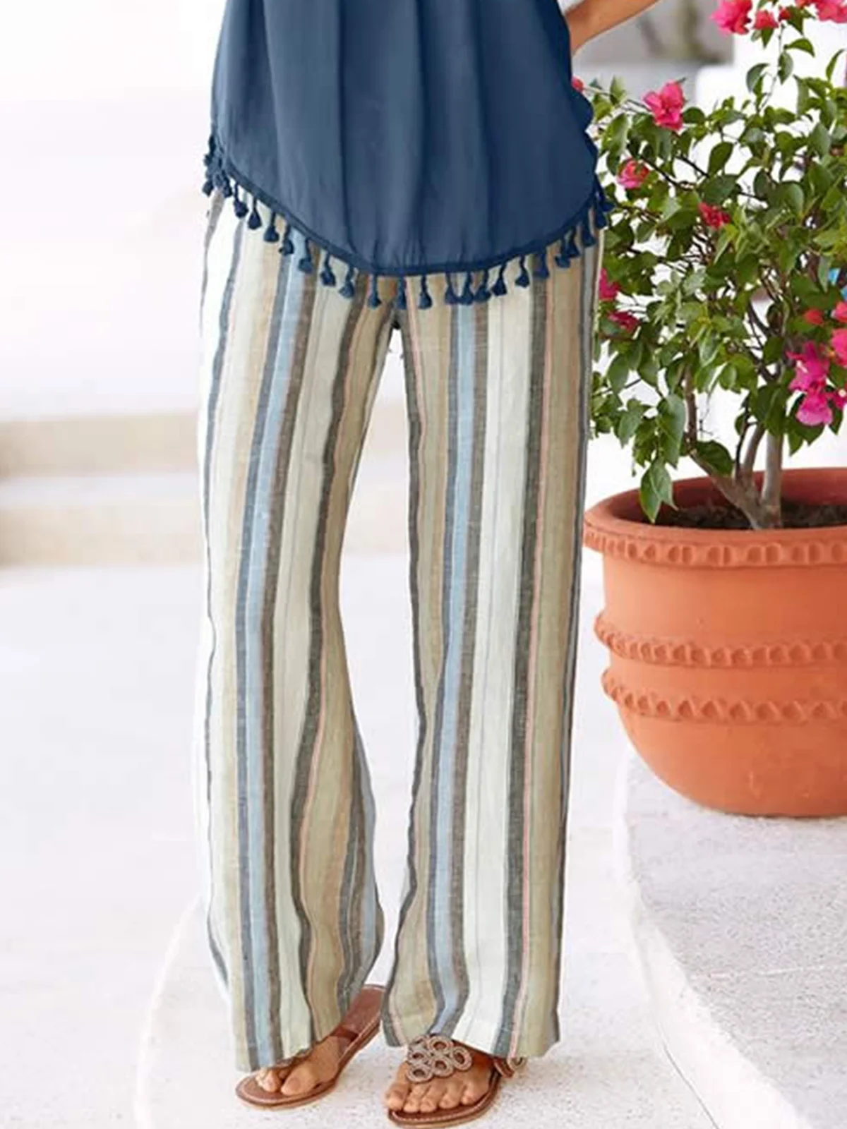 Casual Striped High Waist Baggy Wide Leg Long Pants