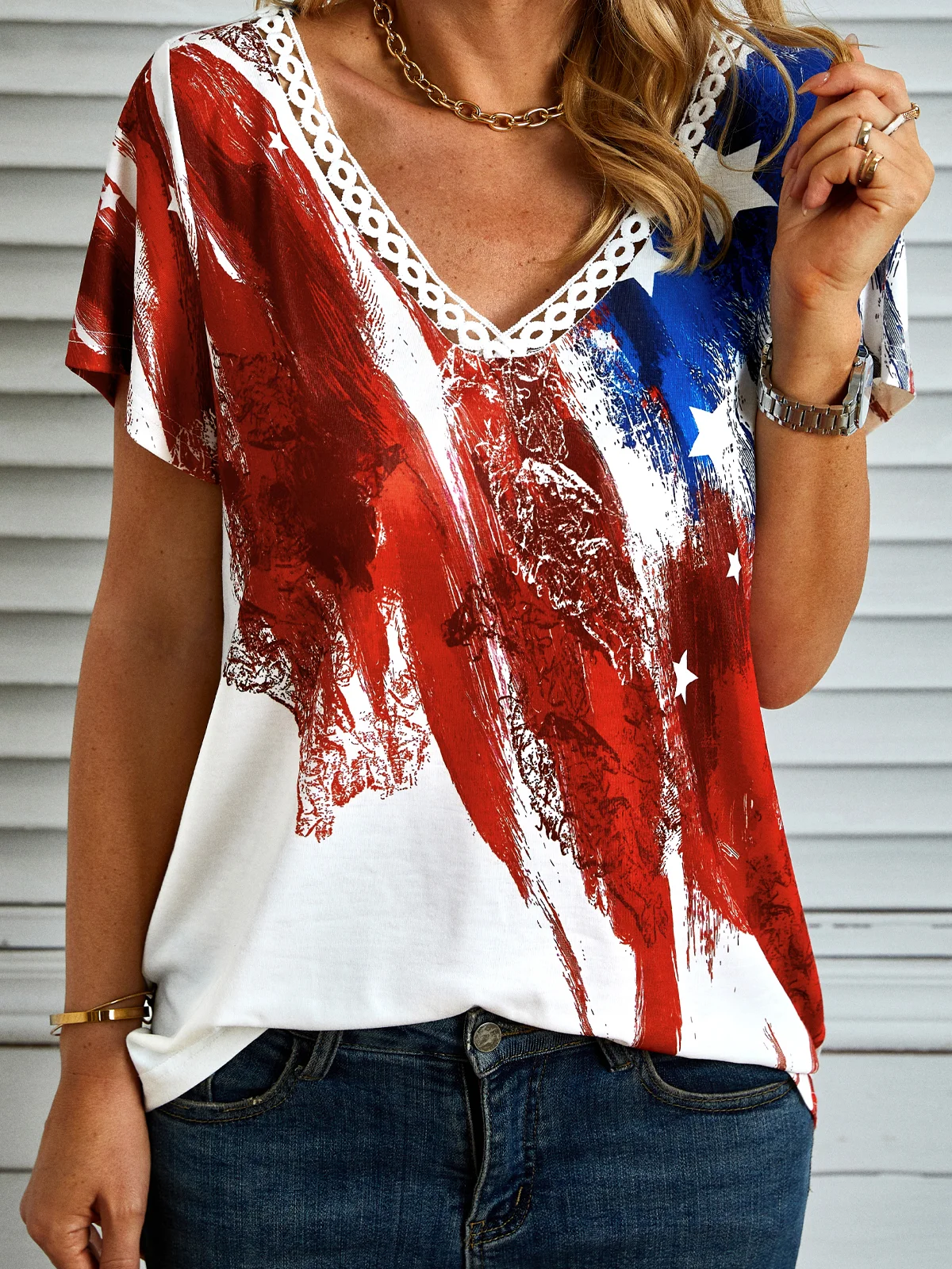 Flag Star Striped Printed Casual Loosen V NeckShort Sleeve T-Shirt