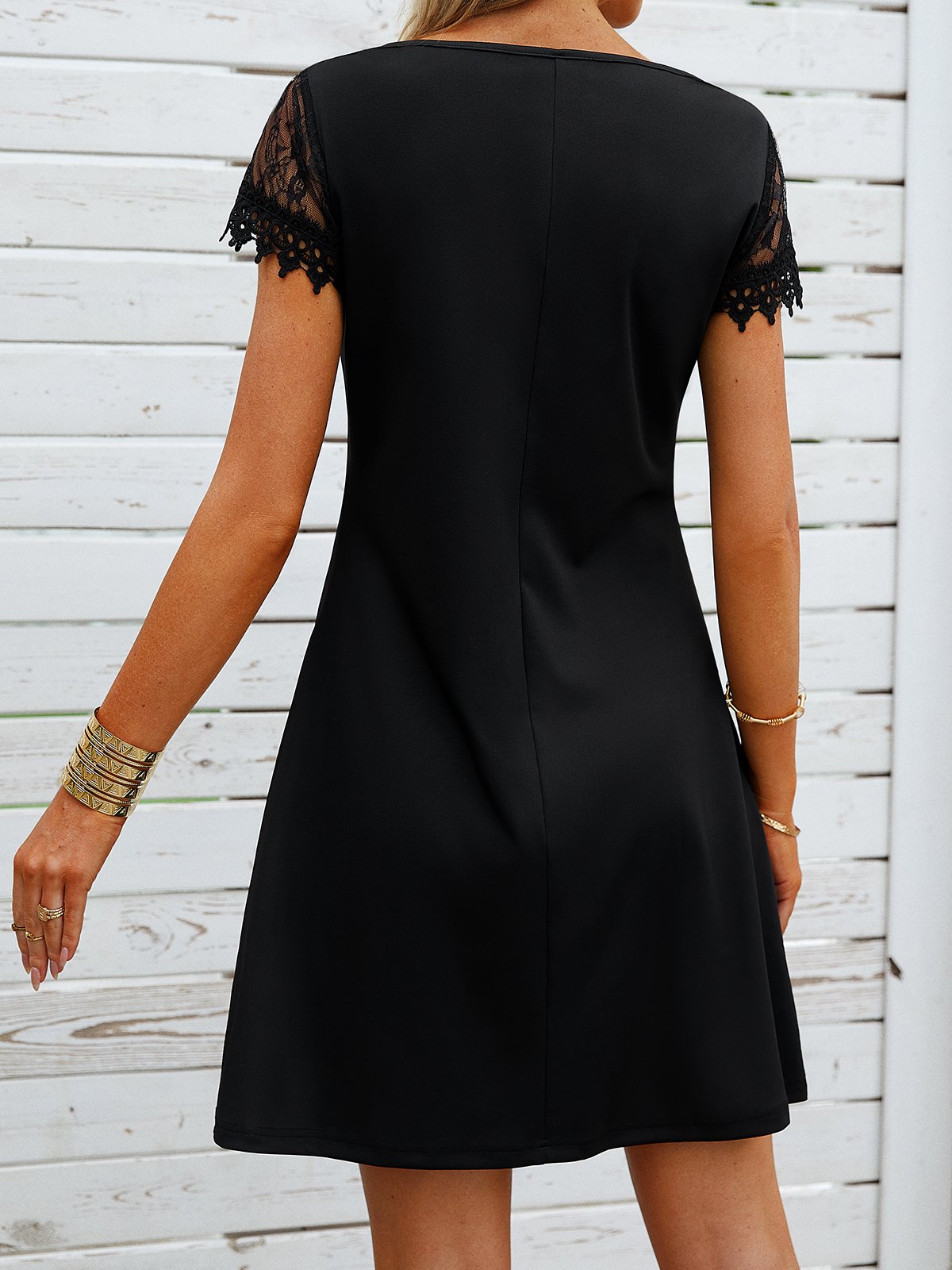 Elegant Regular Fit Plain Lace Short Sleeve Knit Dress