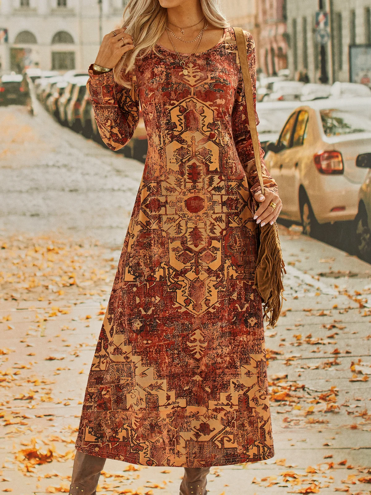 Jersey Ethnic Printed Crew Neck Long Dress