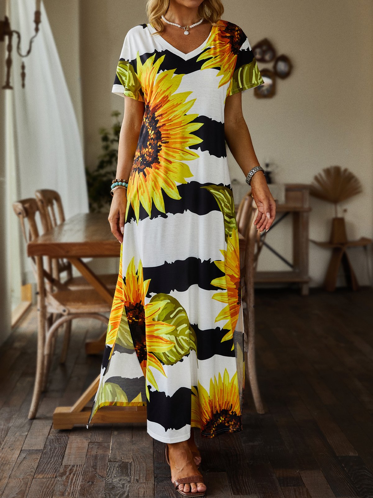 Casual Sunflower Short Sleeve V Neck Plus Size Printed Dress