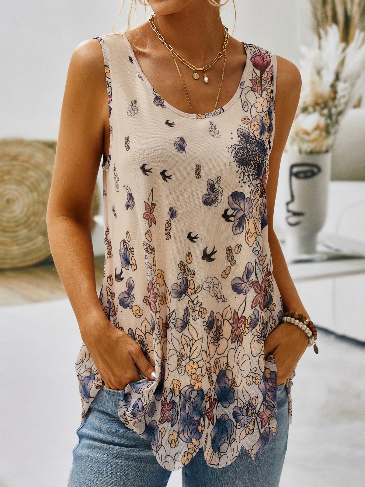 Floral-print Sleeveless Casual Shirt & Top