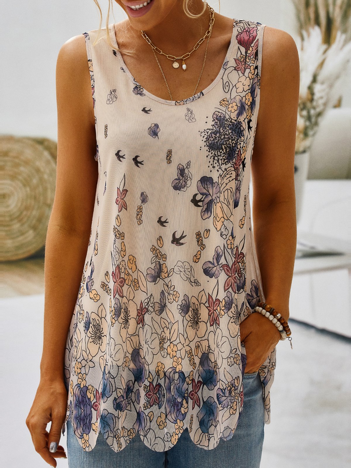 Floral-print Sleeveless Casual Shirt & Top