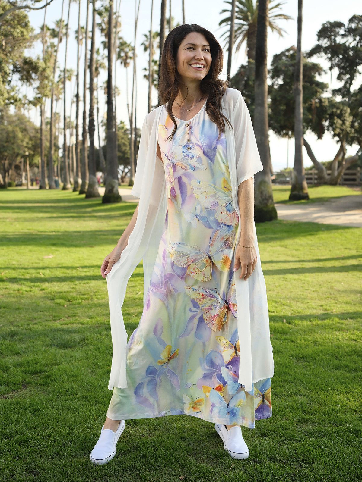 Butterfly Printed Casual Round Neck Dress With Coat Two-Piece Set