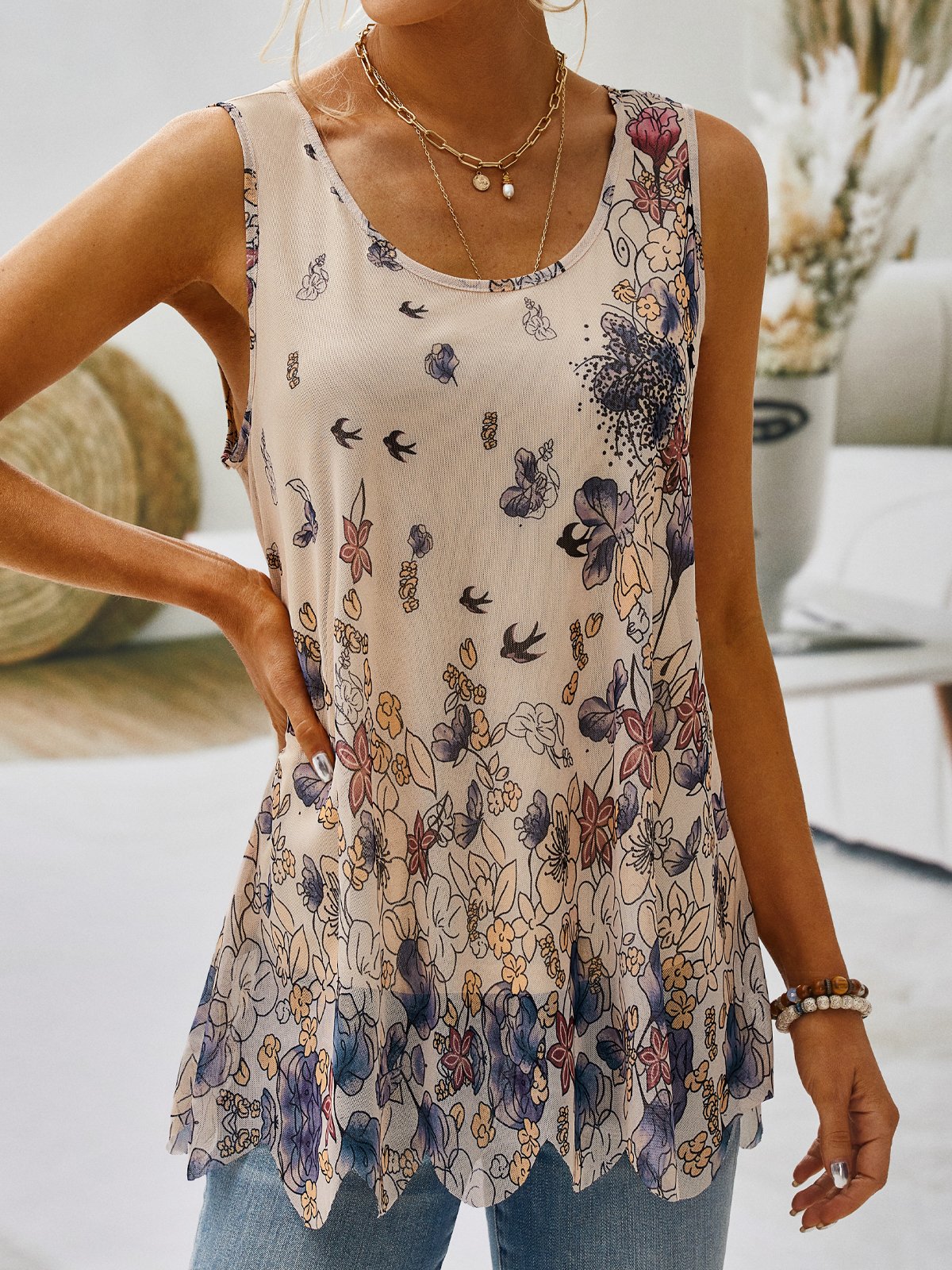 Floral-print Sleeveless Casual Shirt & Top