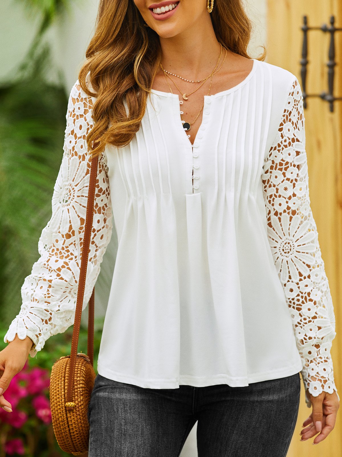 Plain Casual Patchwork lace Notched Tunic Top