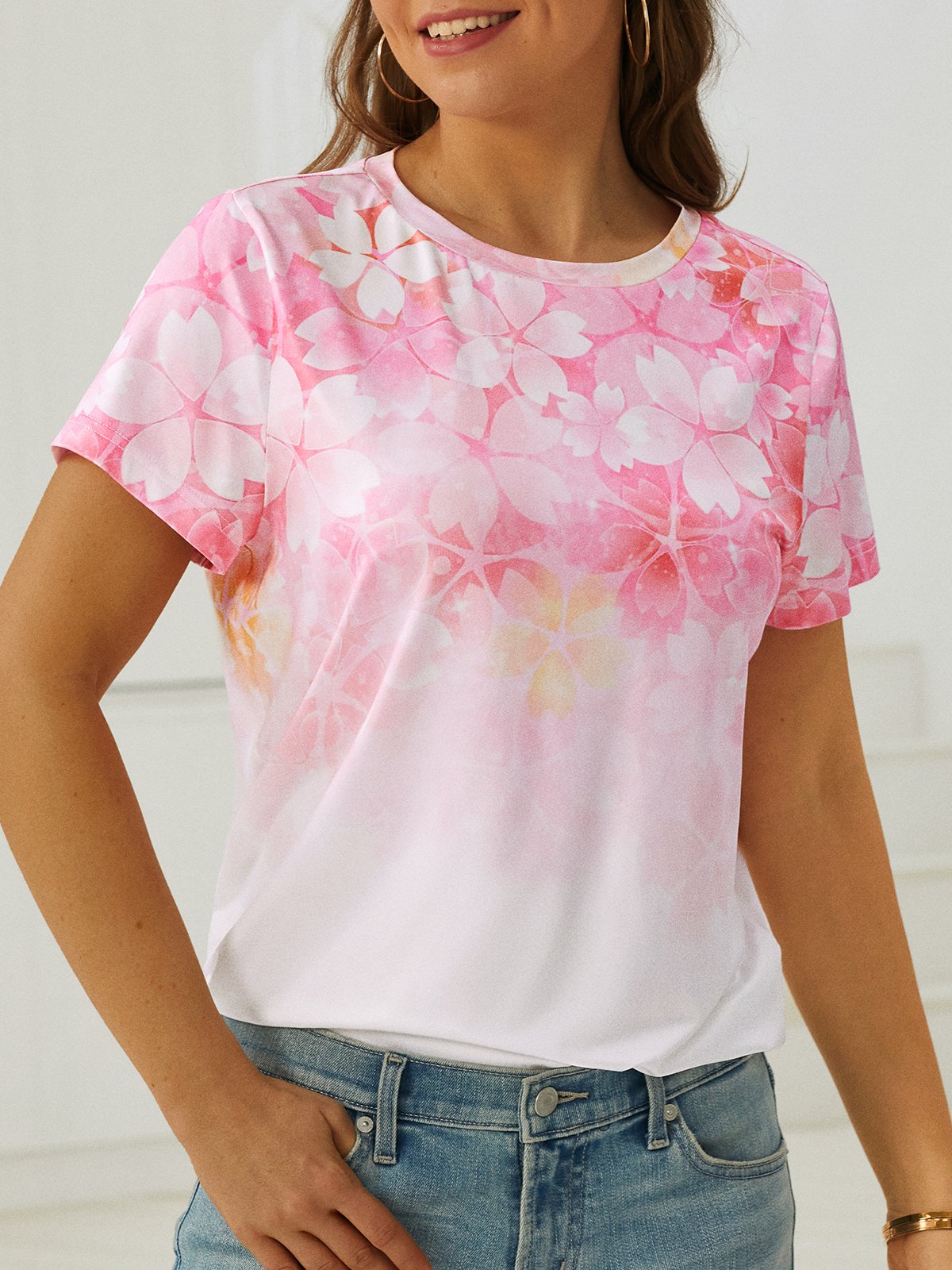 Loosen Cotton Blends Sakura Short Sleeve T-Shirt