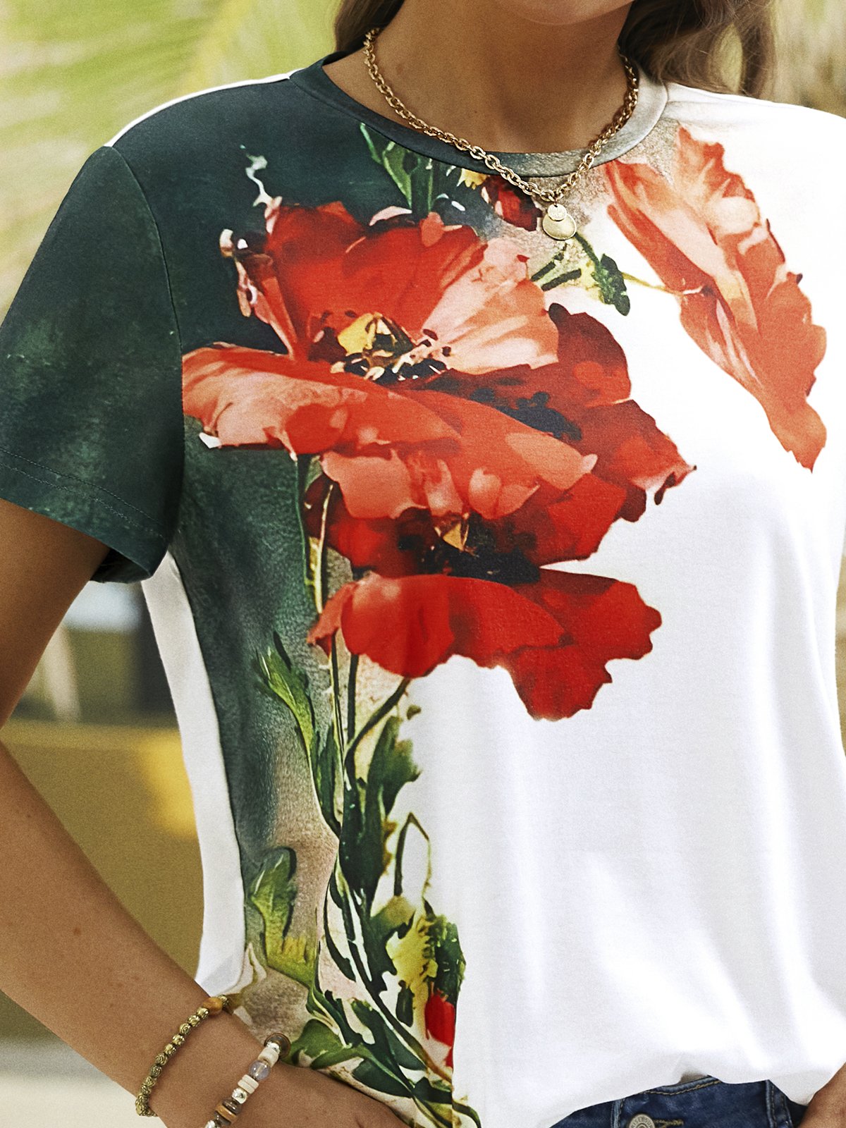 Floral Crew Neck Casual Short Sleeve T-Shirt | noracora