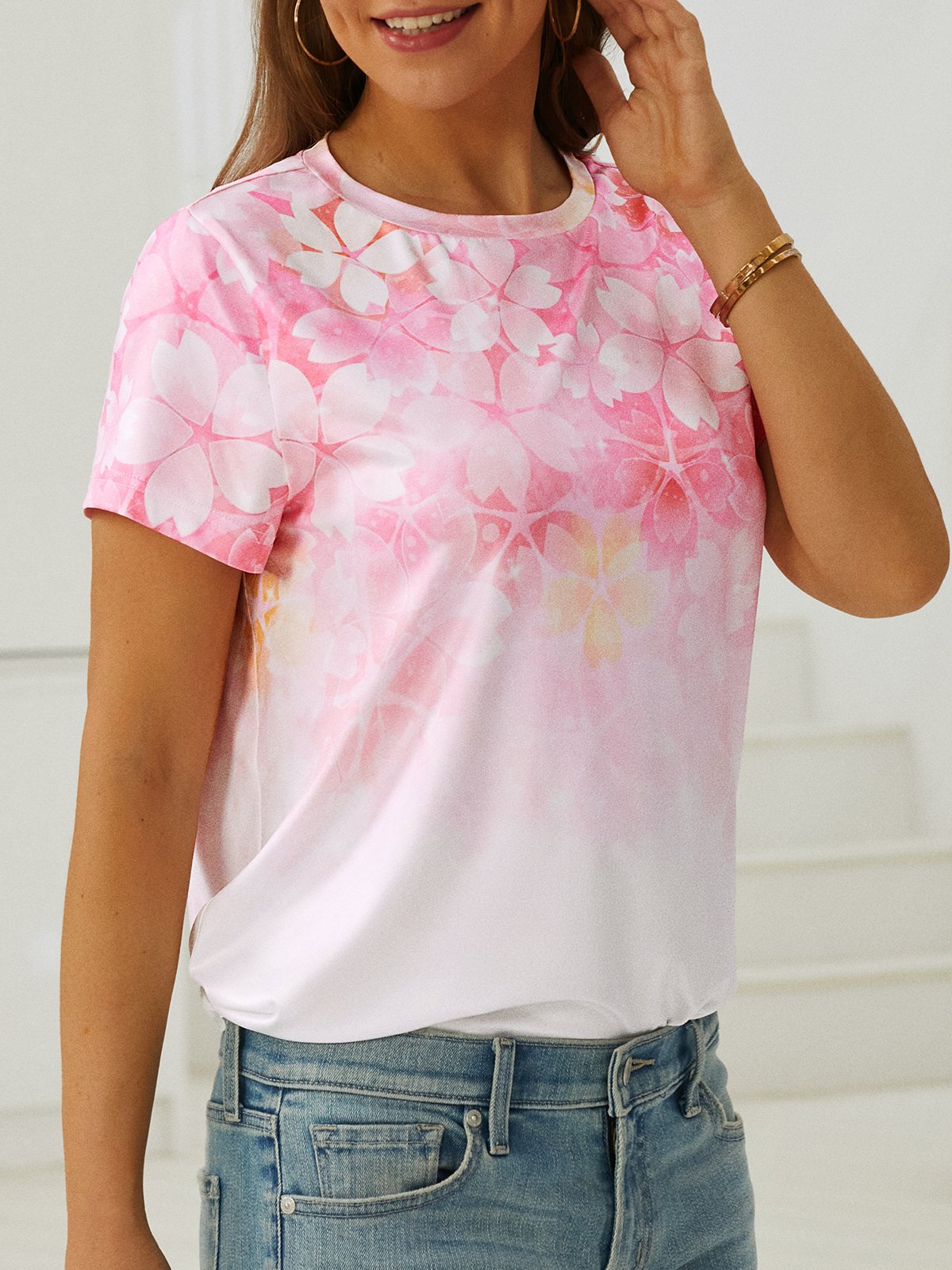 Loosen Cotton Blends Sakura Short Sleeve T-Shirt