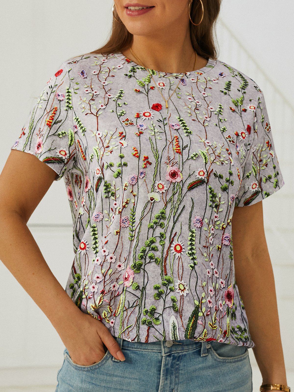 Jersey Floral Printed Casual Crew Neck T-Shirt