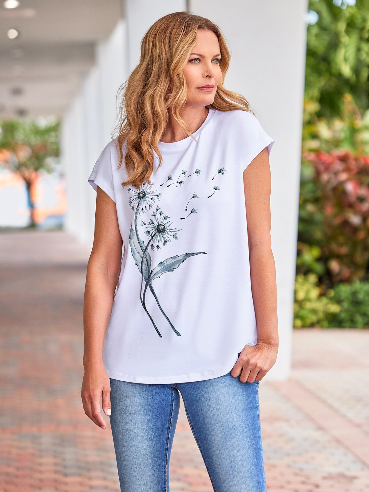 Casual Dandelion Short Sleeve Round Neck Printed Top T-Shirt