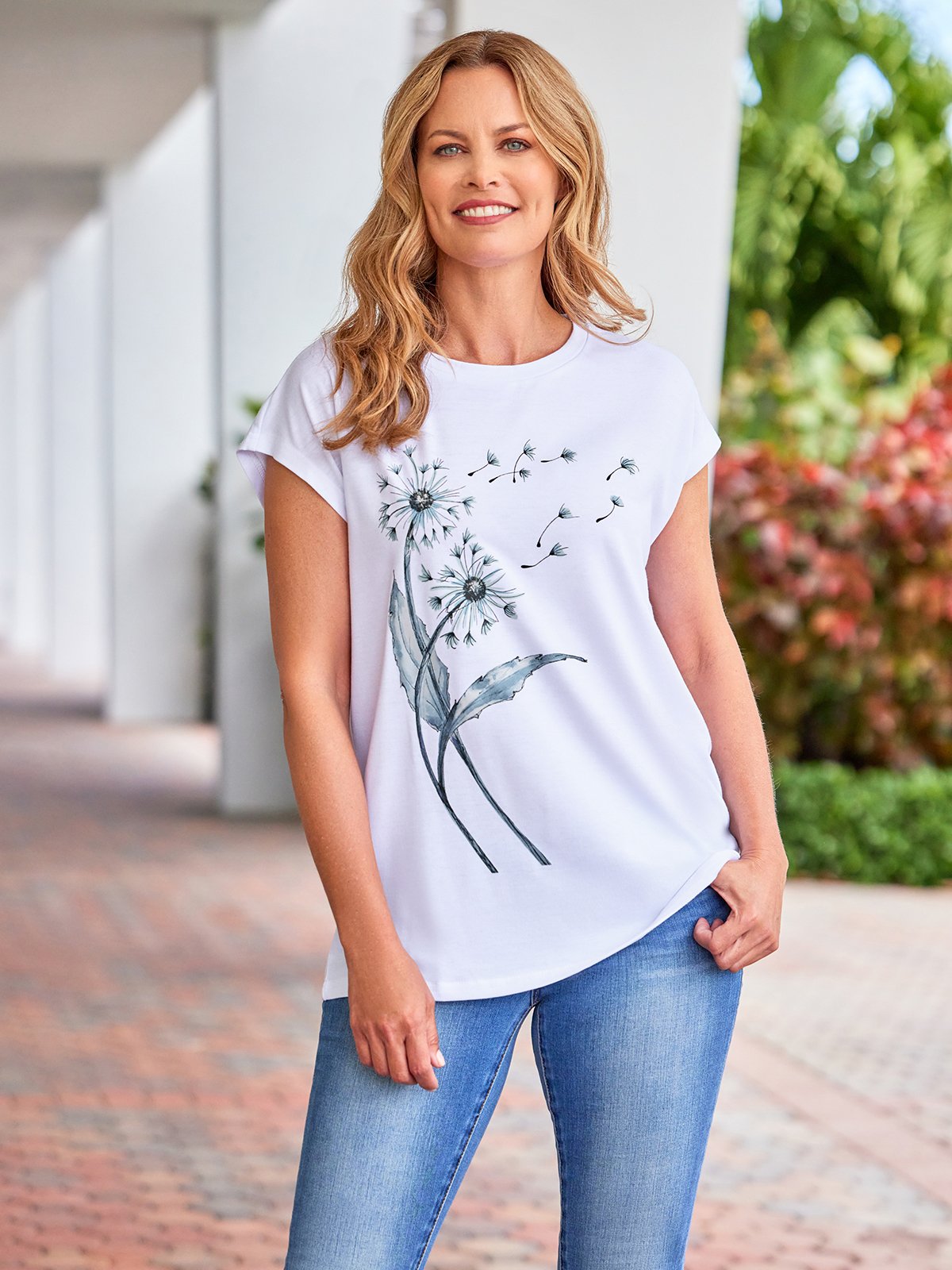 Casual Dandelion Short Sleeve Round Neck Printed Top T-Shirt