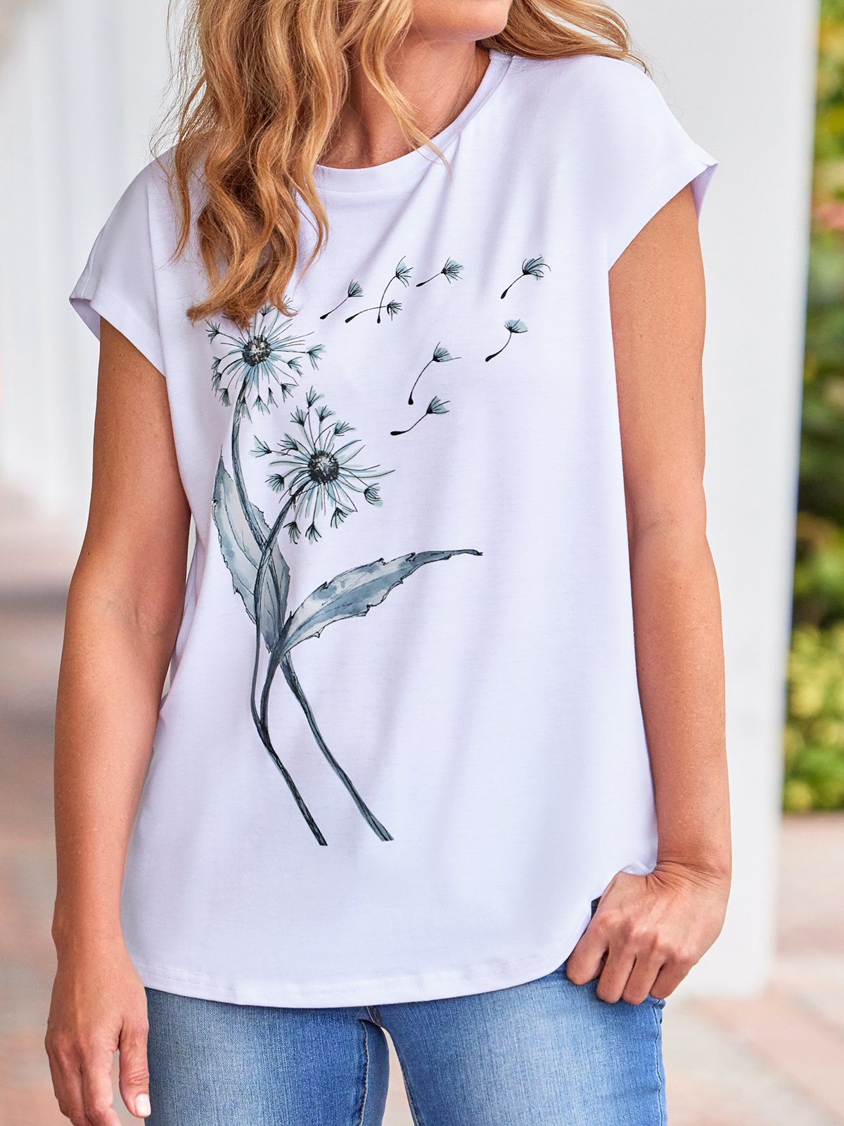 Casual Dandelion Short Sleeve Round Neck Printed Top T-Shirt