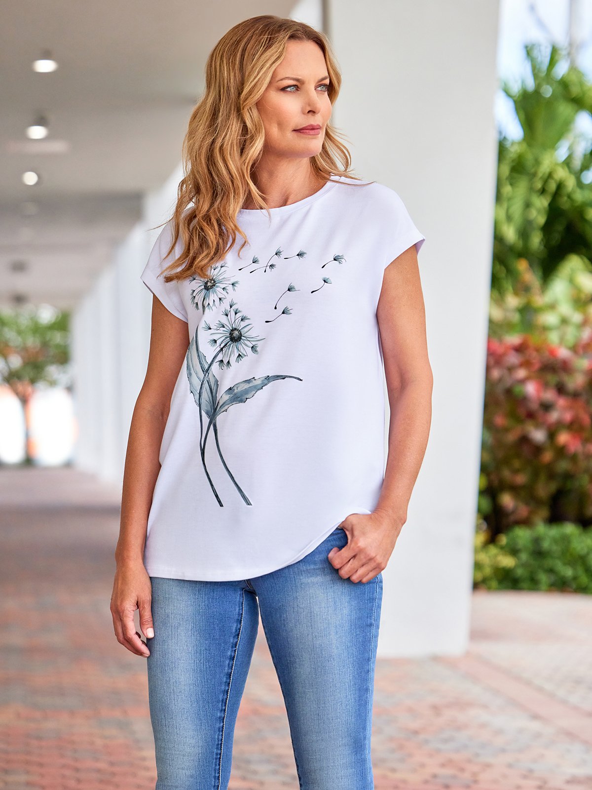 Casual Dandelion Short Sleeve Round Neck Printed Top T-Shirt