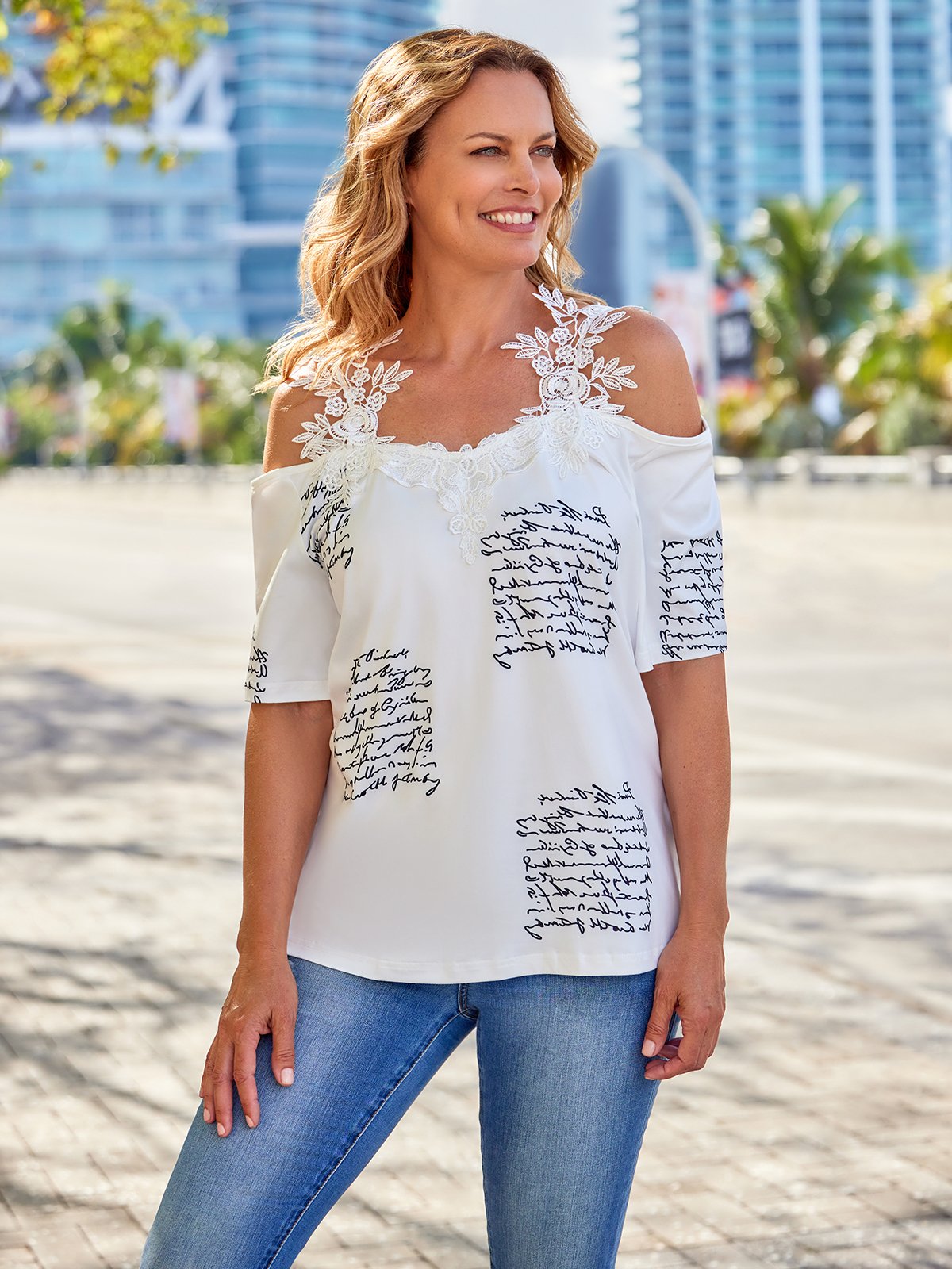 Casual Short Sleeve V Neck Printed Top T-Shirt