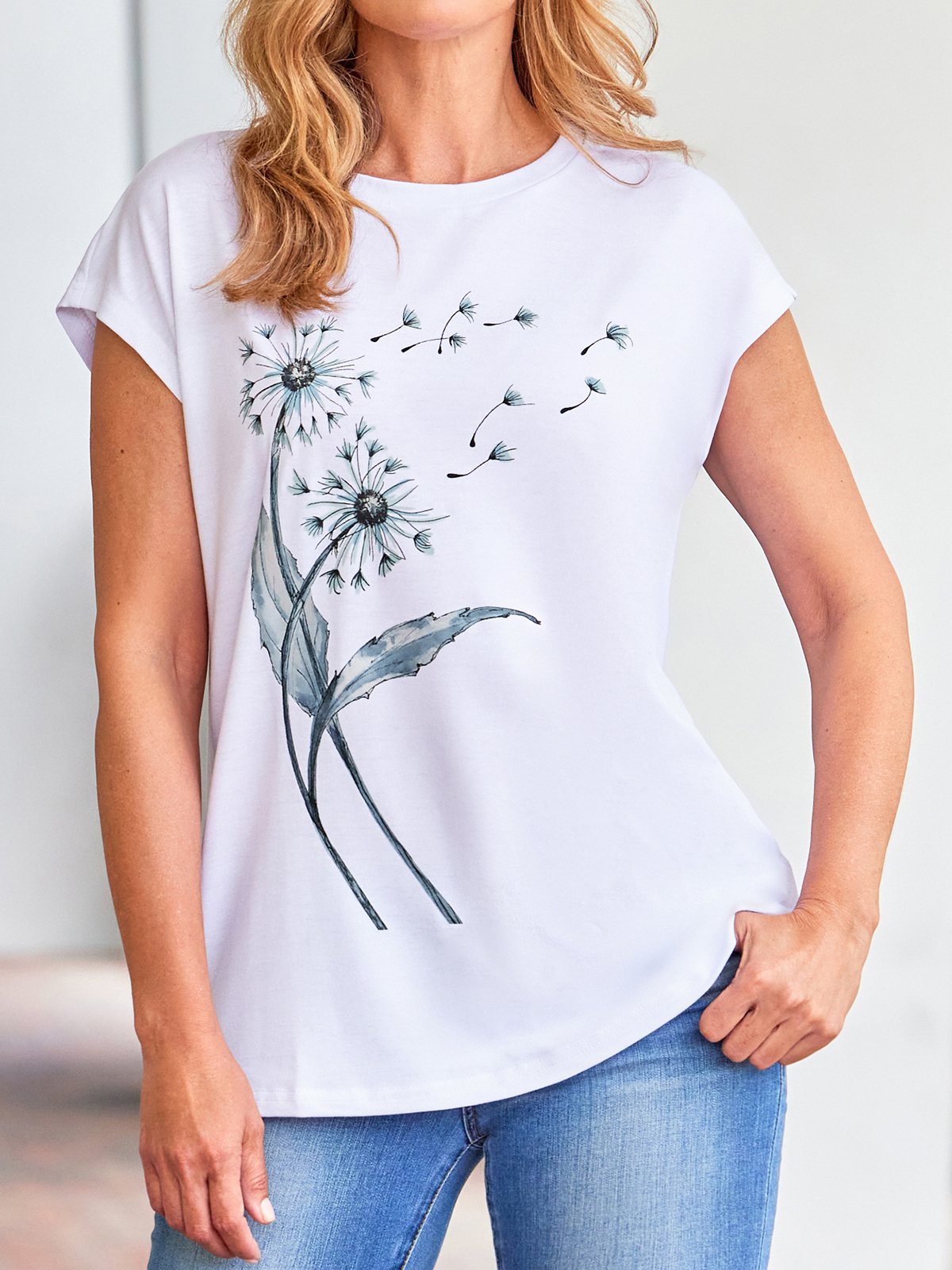 Casual Dandelion Short Sleeve Round Neck Printed Top T-Shirt