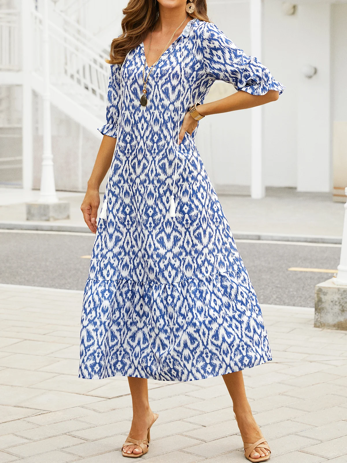 Casual V Neck Geometric Printed Dress