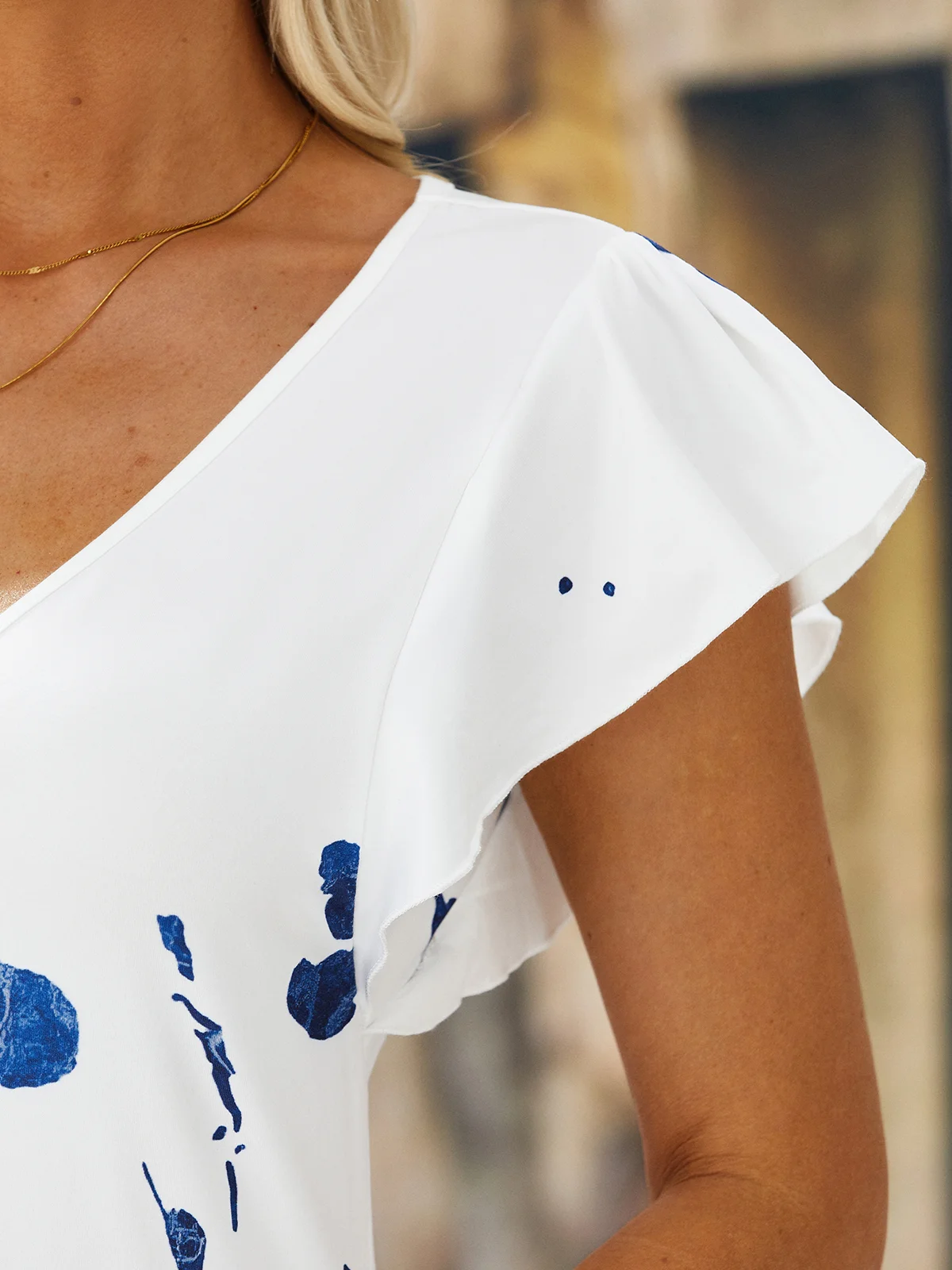 Floral Short Sleeve  Printed  Cotton-blend  V neck Vintage Summer  Blue Dress