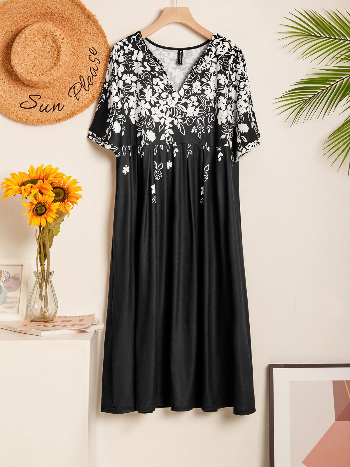 Women Midi Dress Elegant Loose Floral Print A-Line Dress