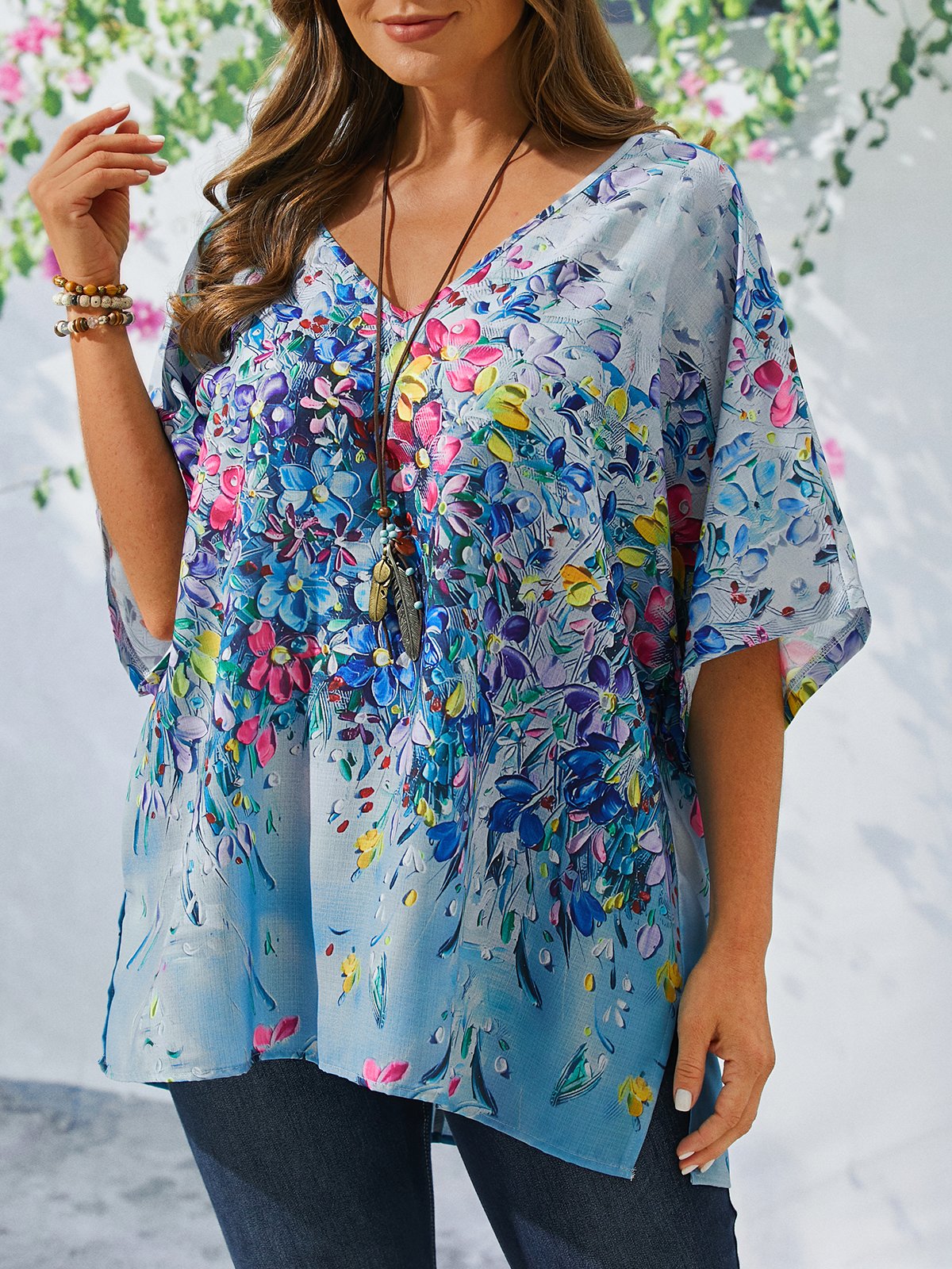 Plus Size Painting Crew Neck Casual Loose Shirt