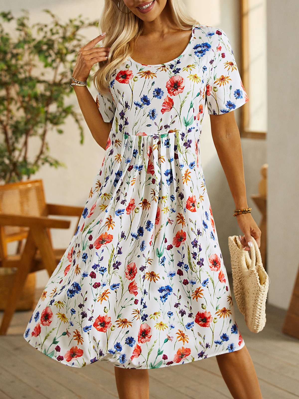 Floral Loosen Casual Short Sleeve Woven Dress