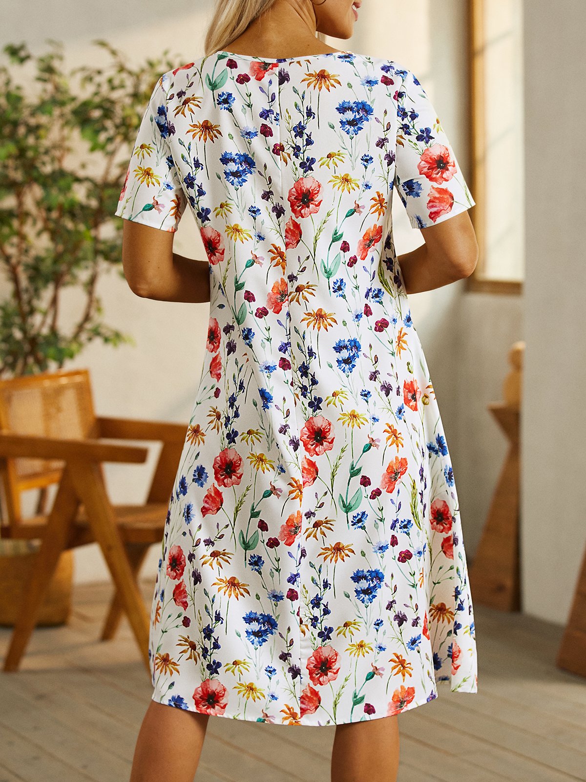 Floral Loosen Casual Short Sleeve Woven Dress