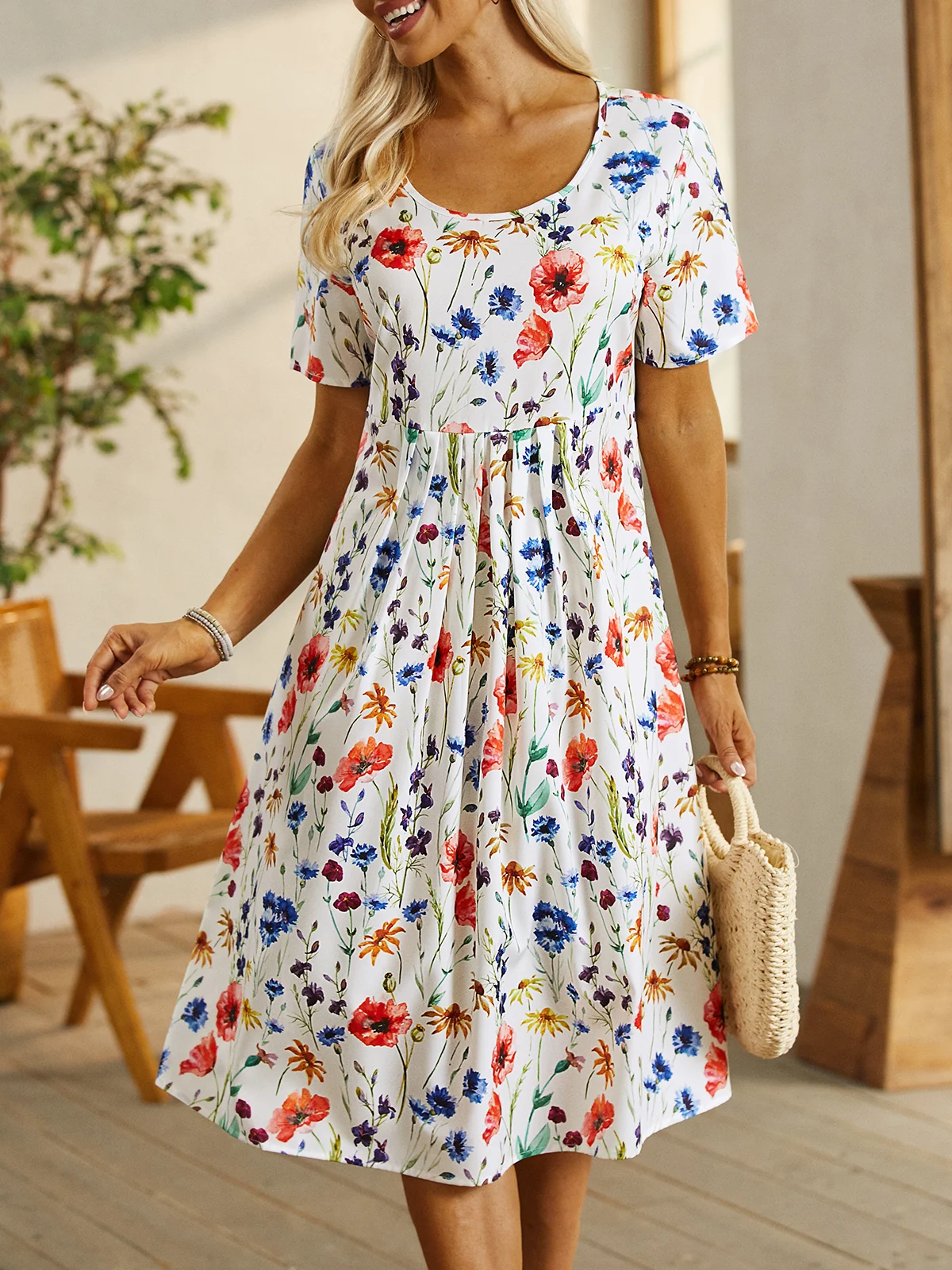 Floral Loosen Casual Short Sleeve Woven Dress