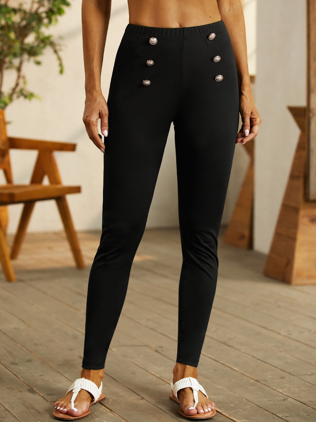 Casual Patchwork Button Tight Plain Leggings