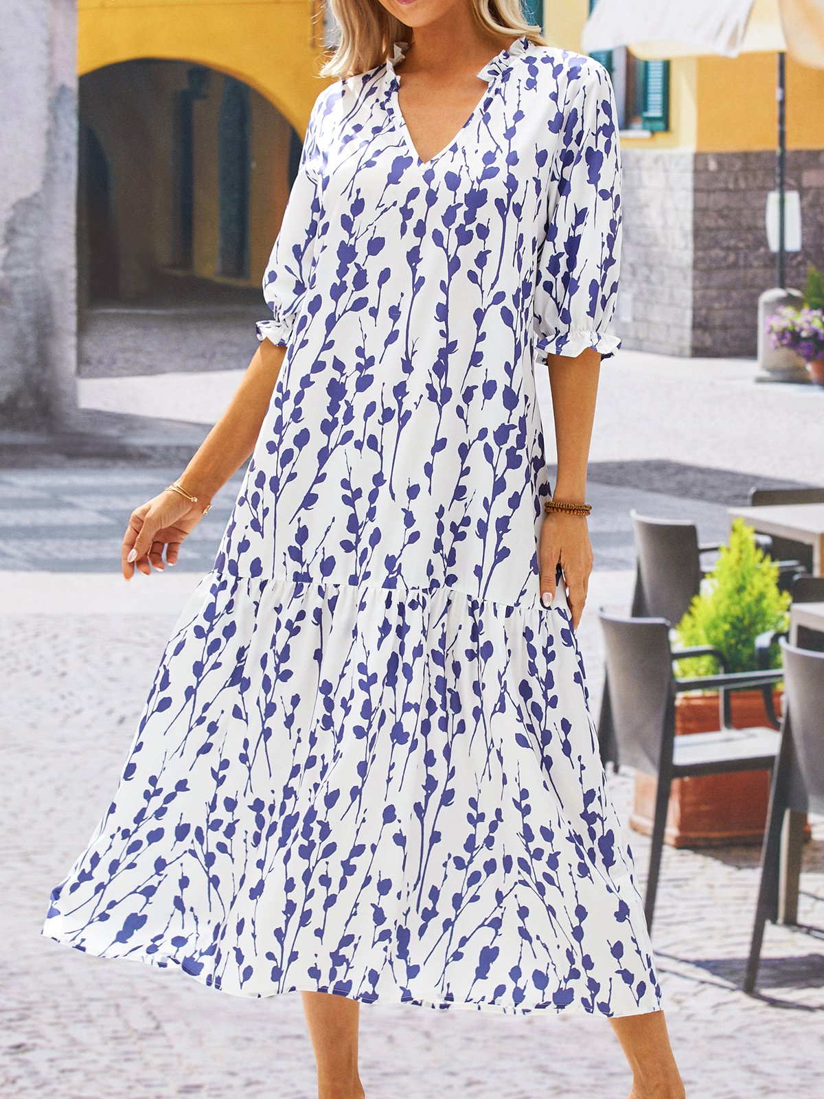 V Neck Loose Blue Floral Casual Dress