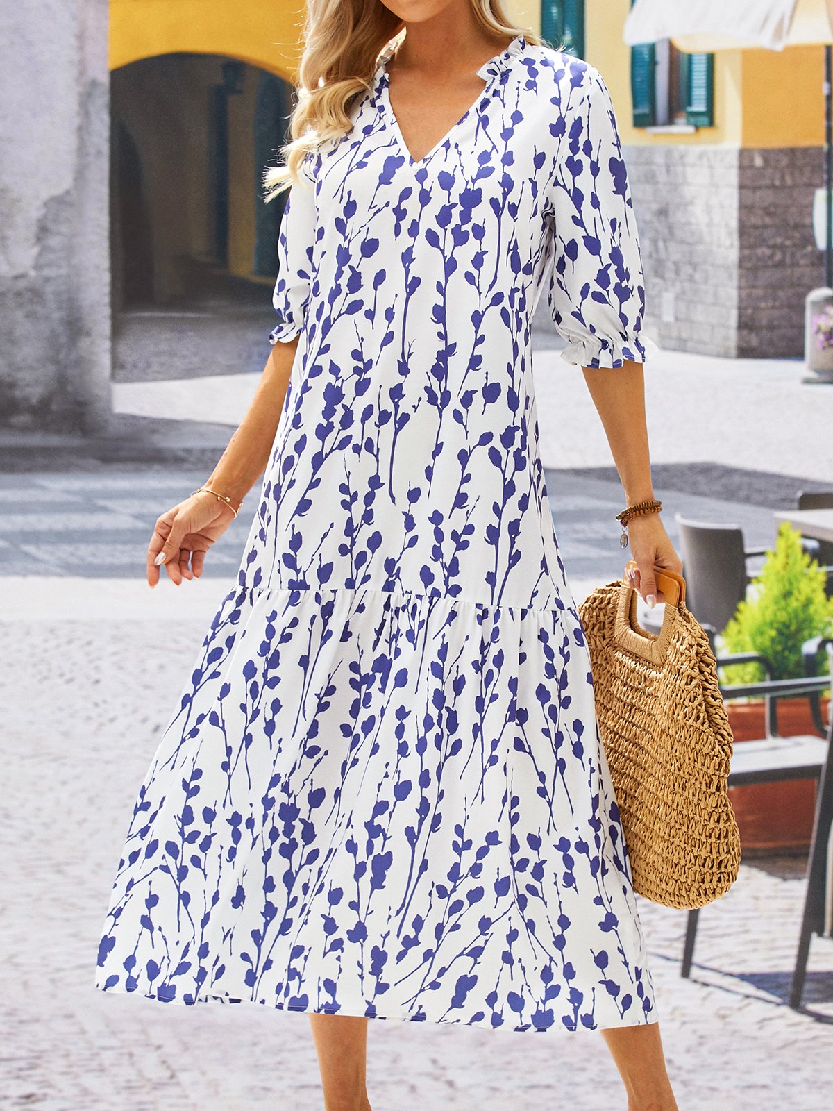 V Neck Loose Blue Floral Casual Dress