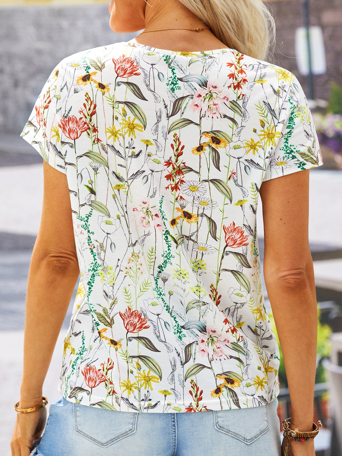 Casual Floral Printed Jersey V Neck T-Shirt