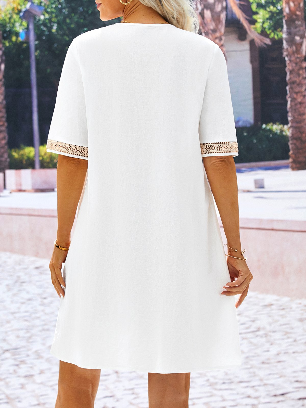 Plain Casual V Neck Cotton Dress