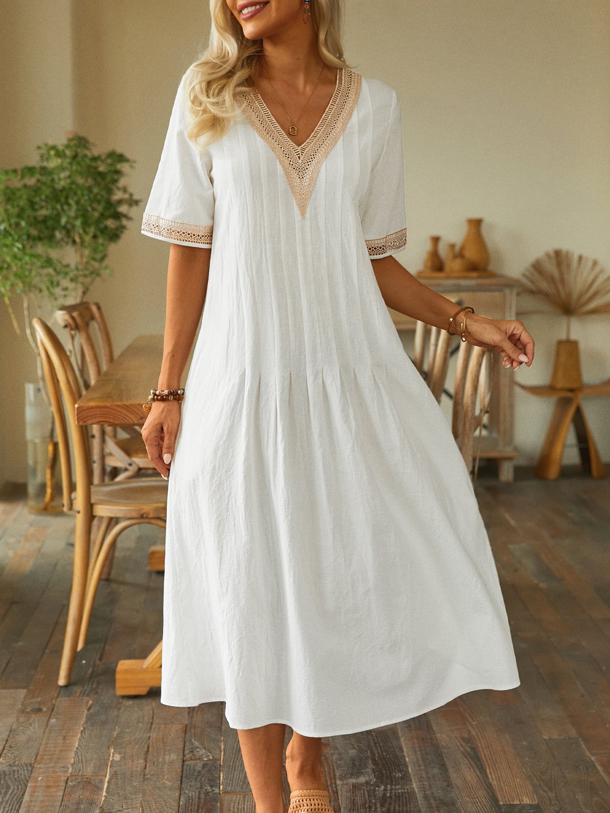 Lace Cotton And Linen Casual Pockets Plain Dress