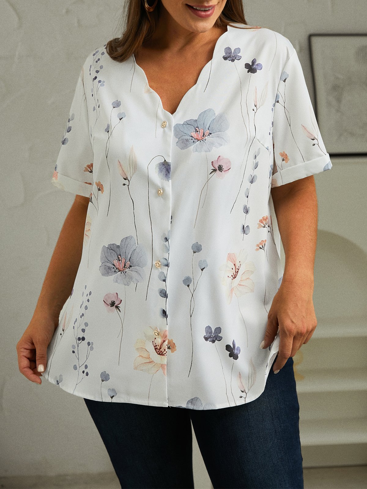 Plus Size Printing Casual Loose Floral Blouse