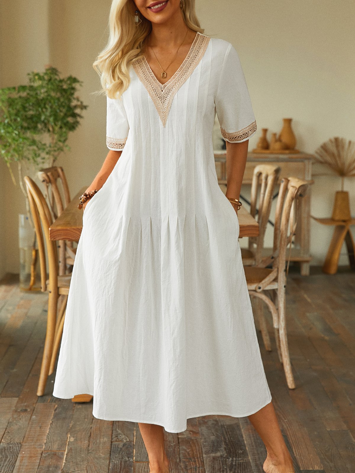 Lace Cotton And Linen Casual Pockets Plain Dress