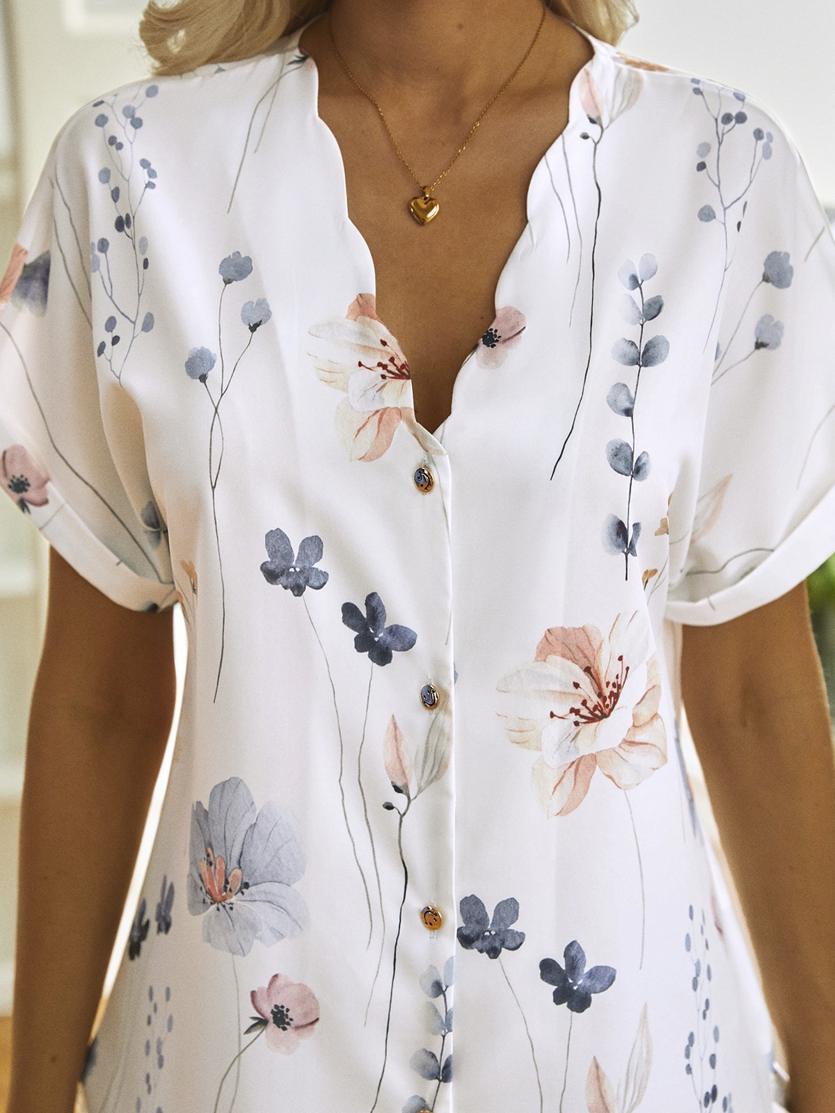 Buttoned Loose Casual V Neck Blouse