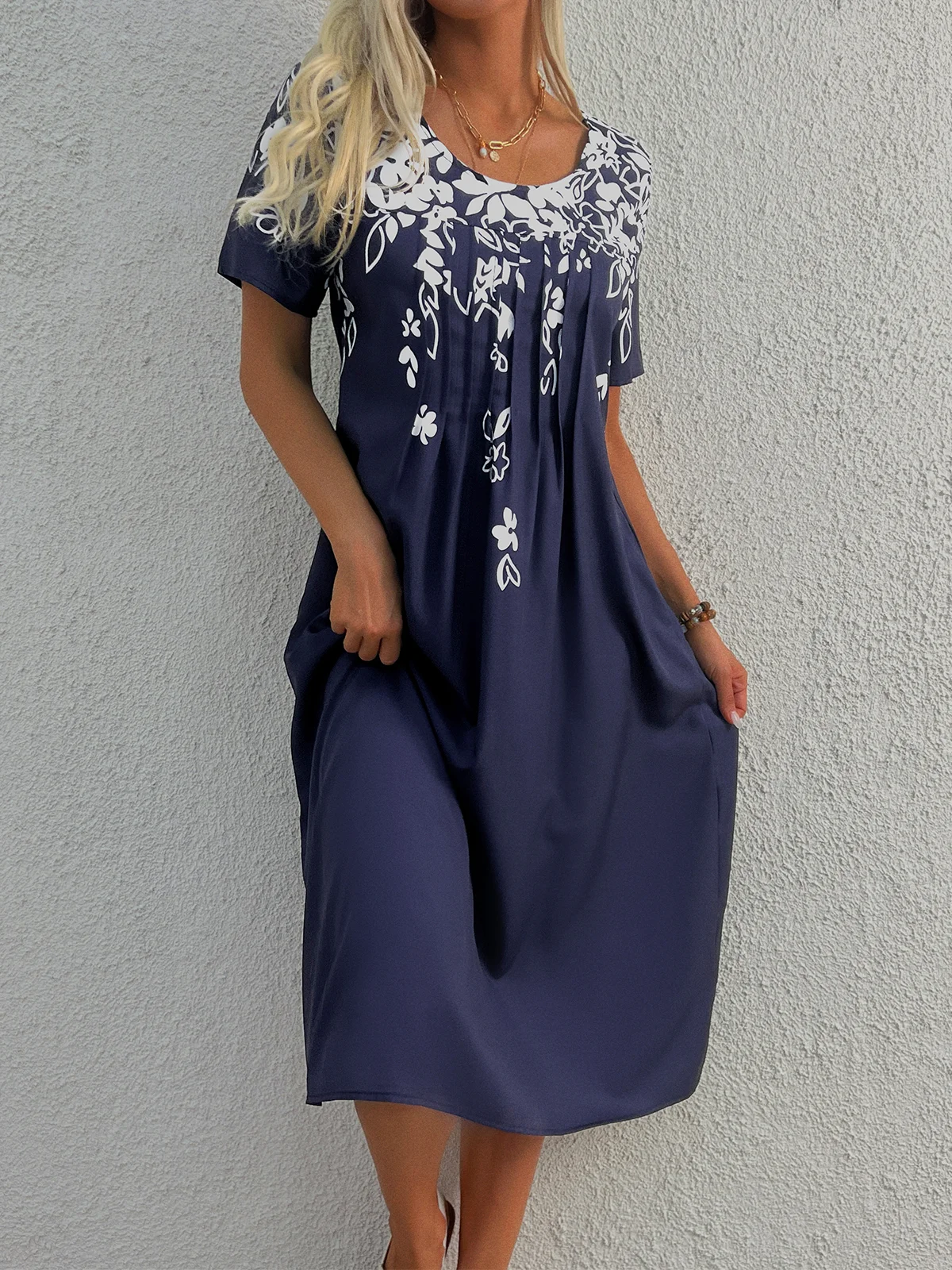 Floral Casual Short Sleeve Pockets A-Line Dress