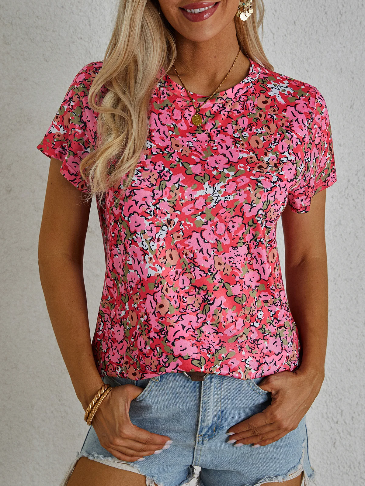 Floral Casual Crew Neck Short Sleeve T-Shirt