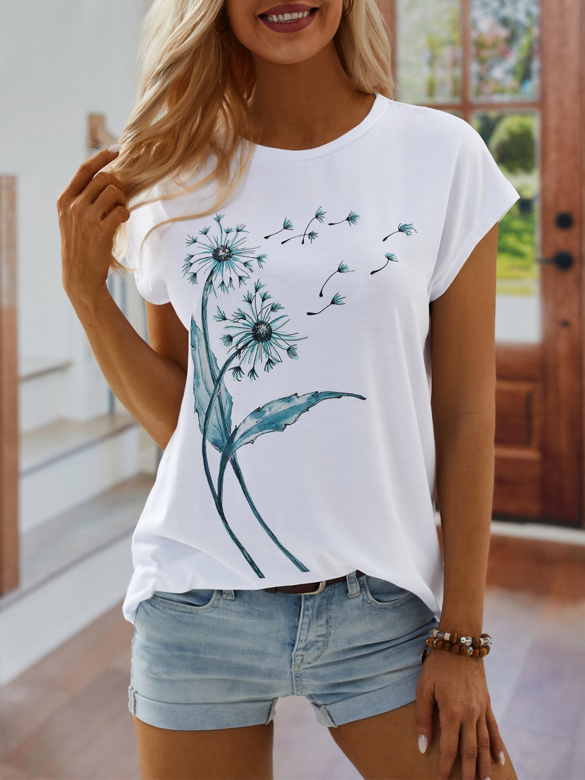 Casual Dandelion Short Sleeve Round Neck Printed Top T-Shirt