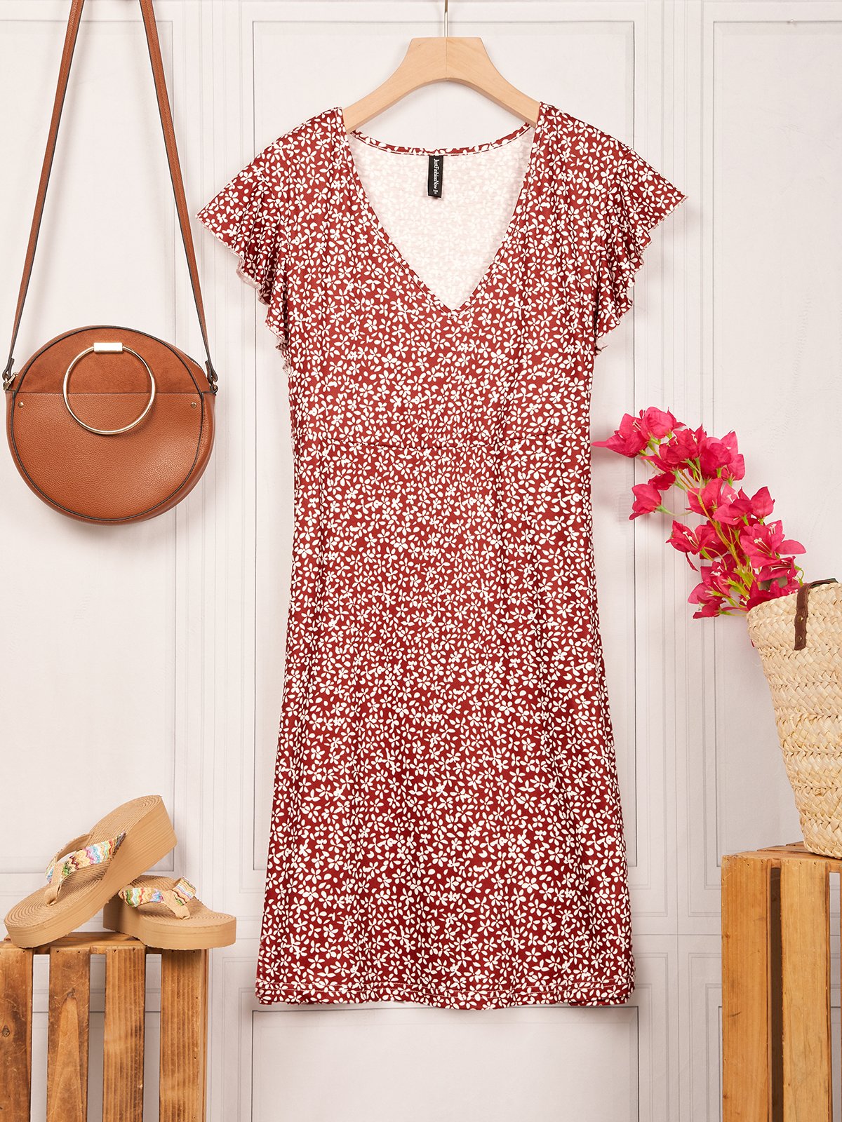 Women Floral Pattern Natural Loose Jersey Regular Tunic Short Dress