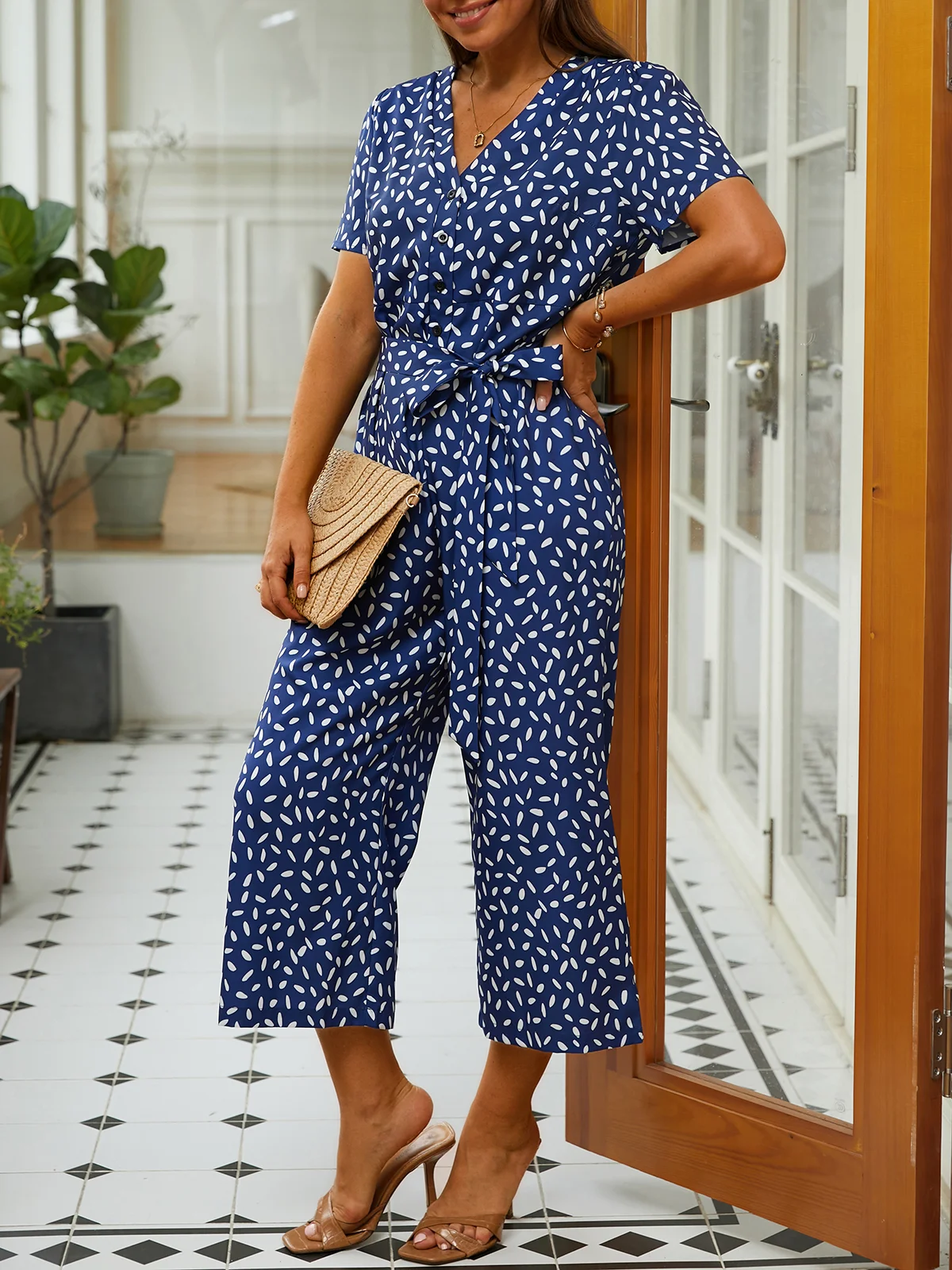 Loose V Neck Floral Vacation Jumpsuit