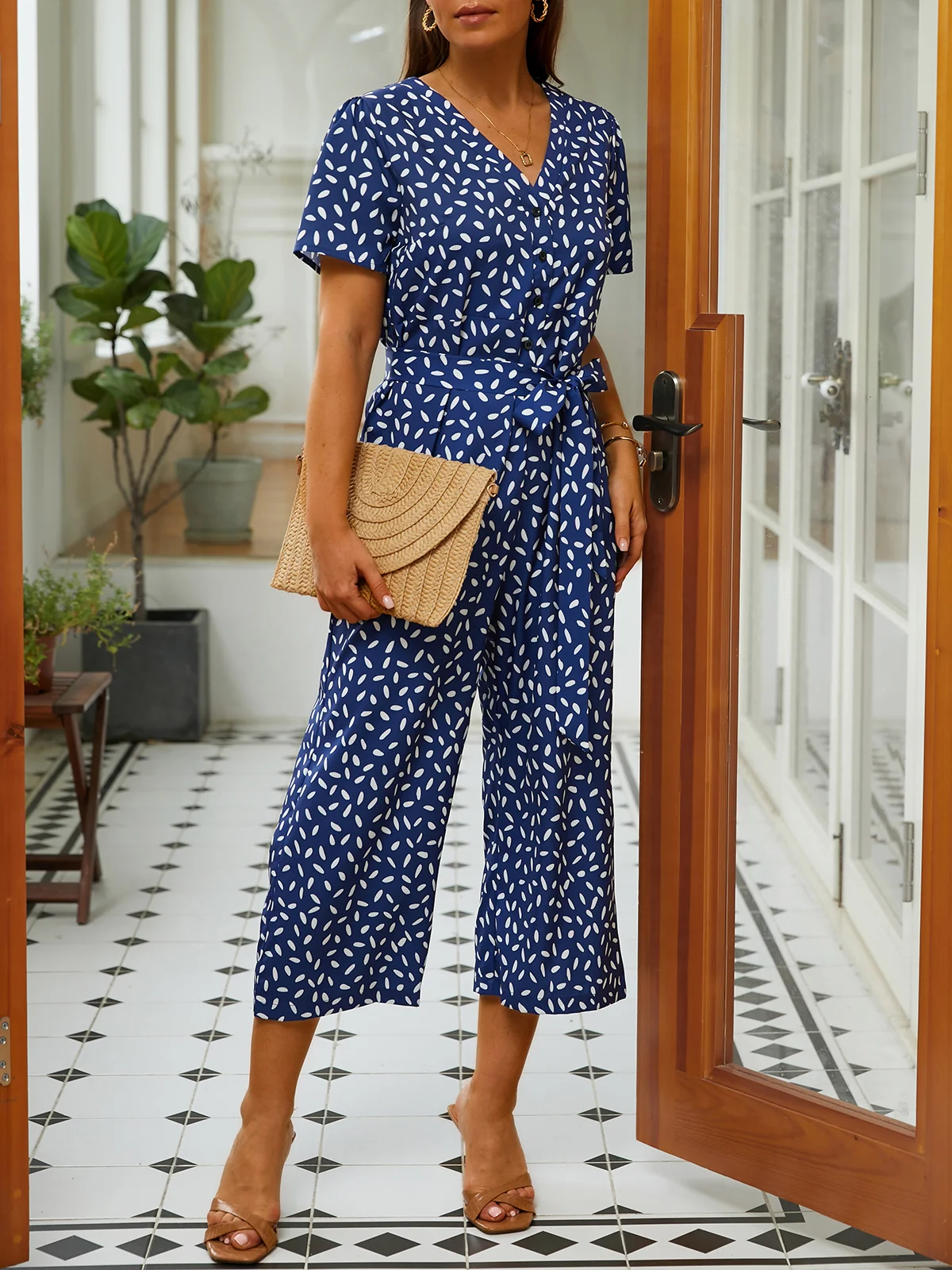 Loose V Neck Floral Vacation Jumpsuit