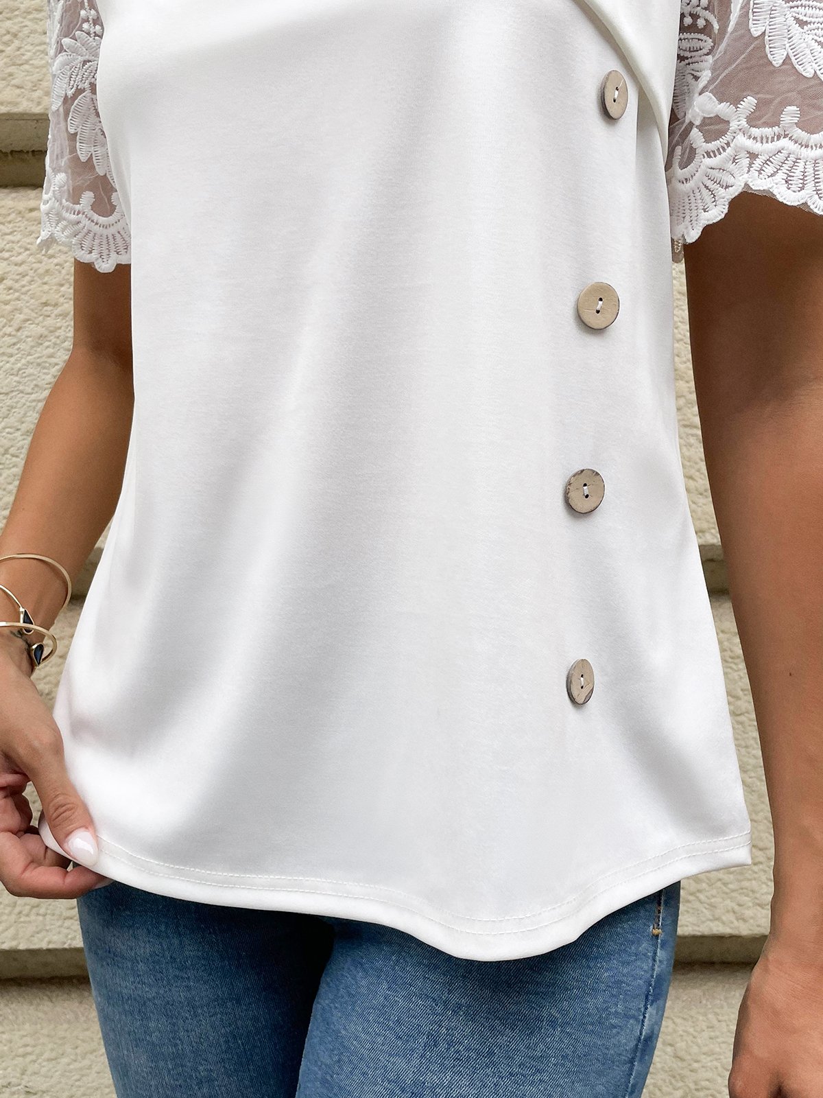 Casual Asymmetrical Neck Buttoned Mesh Shirt