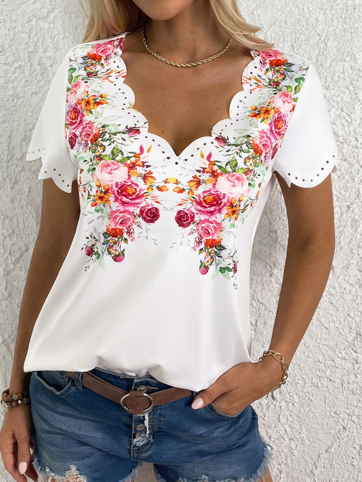 Casual Floral Jersey Lace Collar Shirt