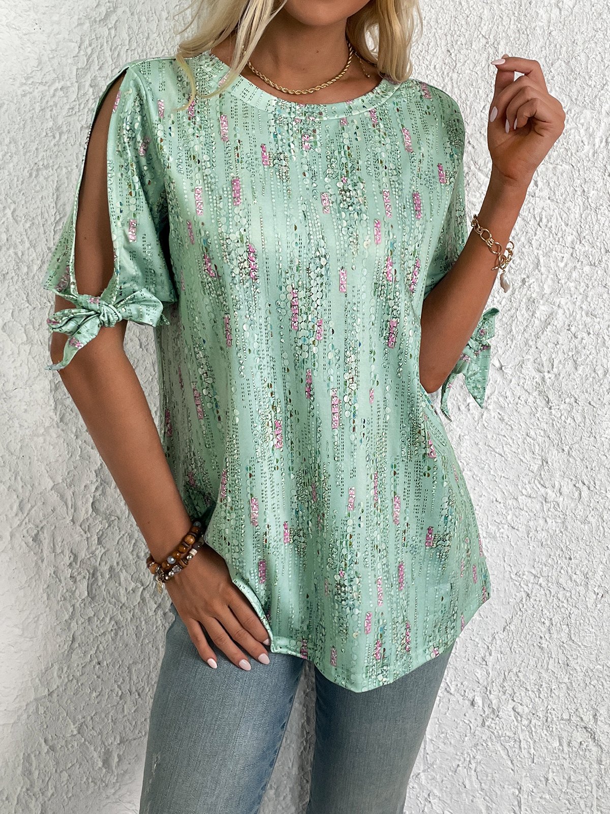 Crew Neck Floral Printed Knot Cuff Blouse