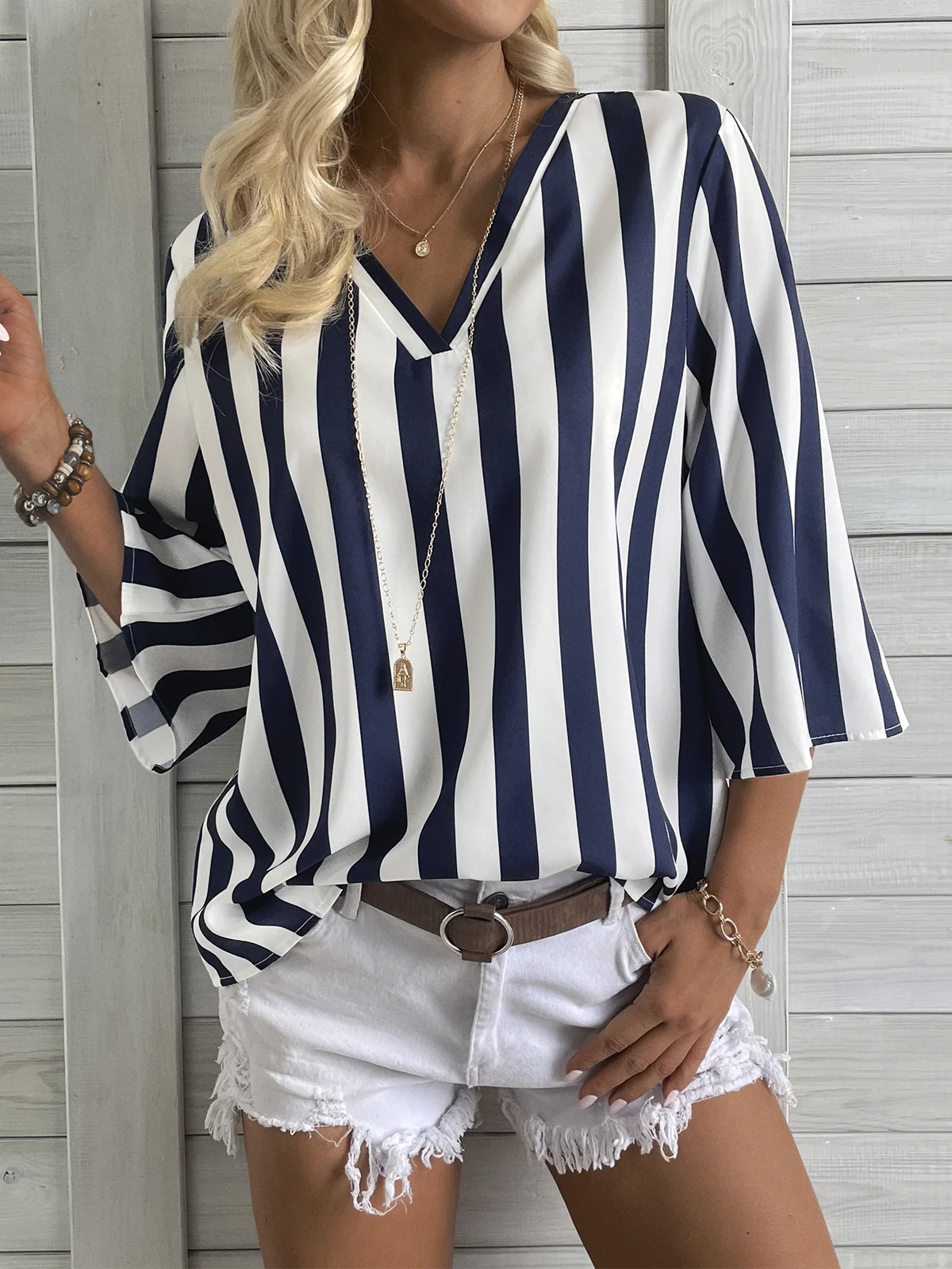 Striped V Neck Printing Casual Shirt