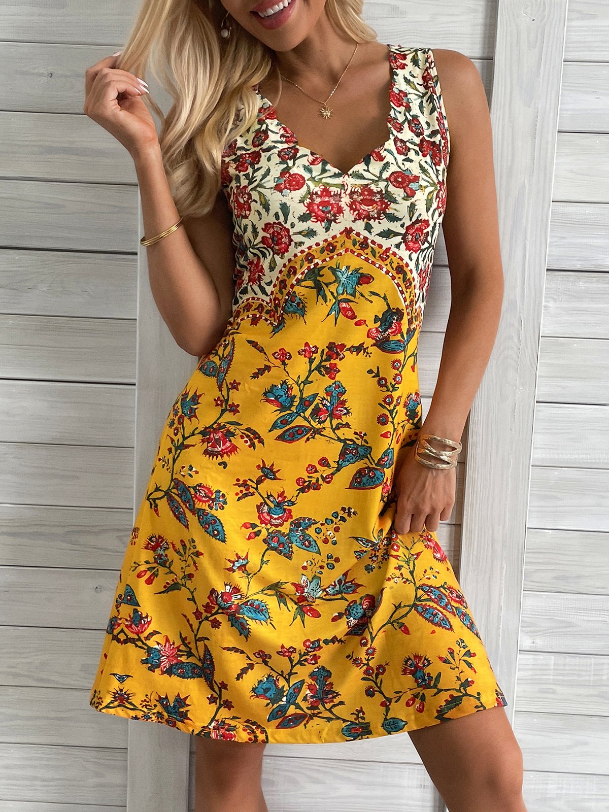 Floral Sleeveless V Neck Casual Tunic Dress