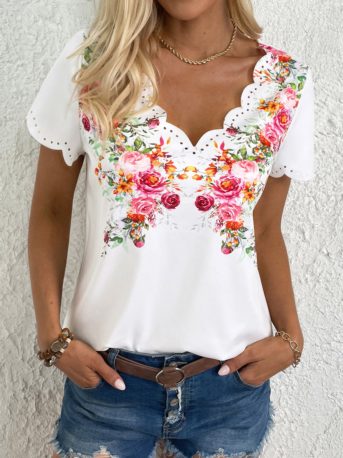 Casual Floral Jersey Lace Collar Shirt